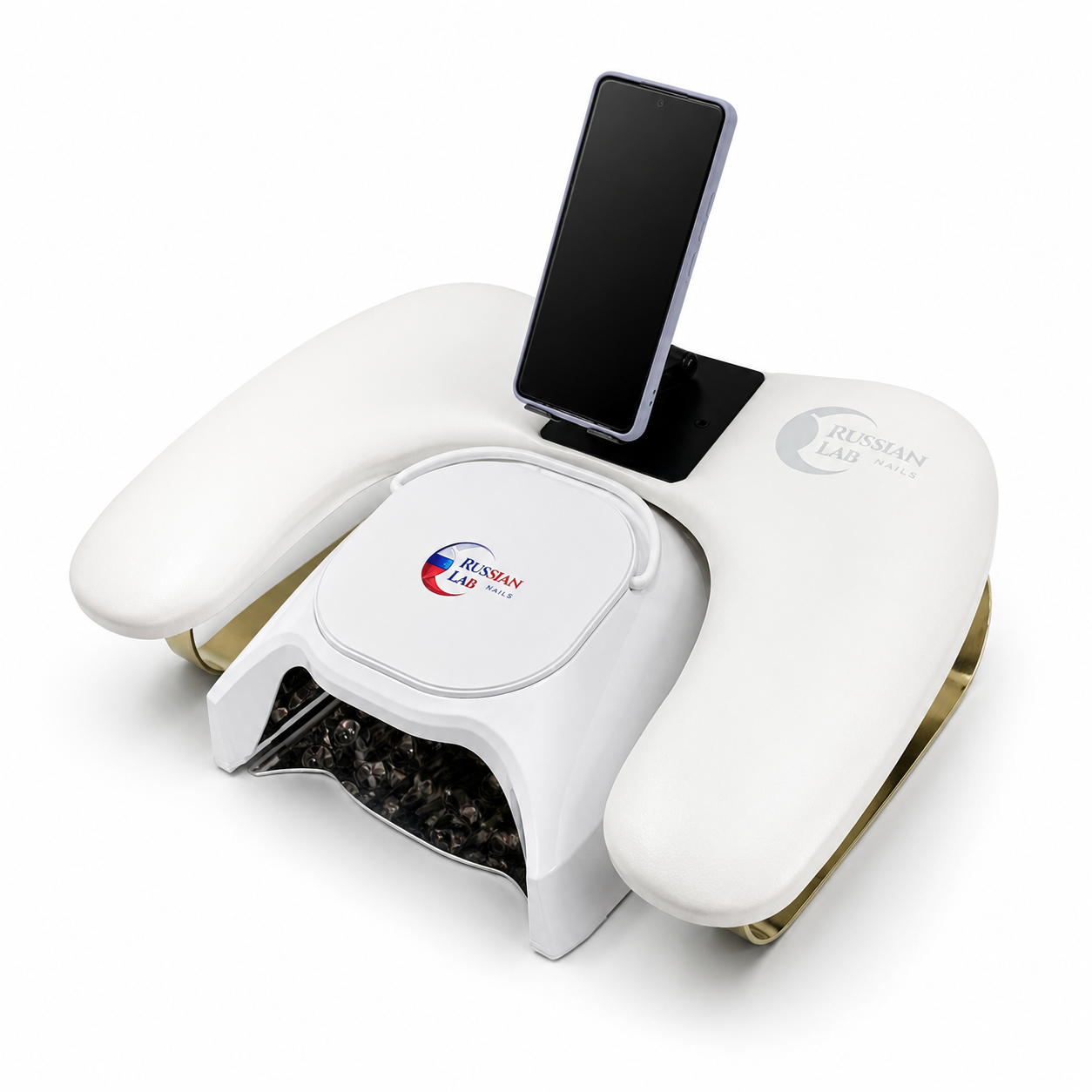 Poggiabraccio Professionale White Gold con Supporto Smartphone | Russian Lab Nails